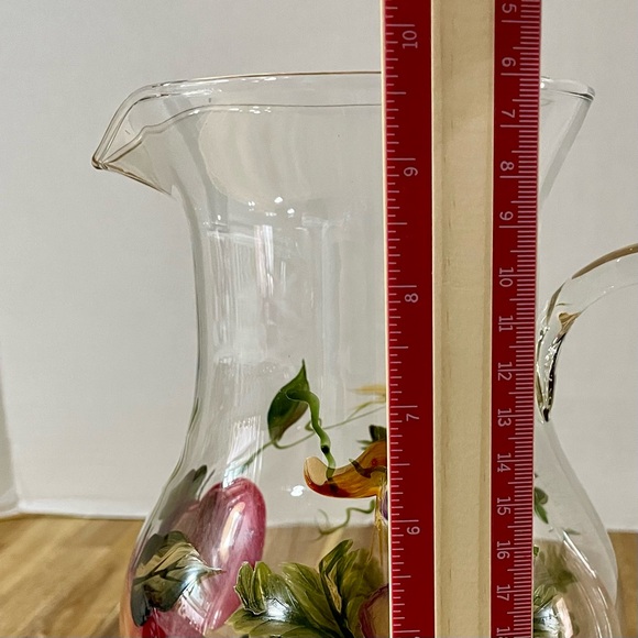 Hand Painted Fruit Clear Glass Pitcher Carafe Grapes Apples Elegant Farmhouse - Picture 9 of 12